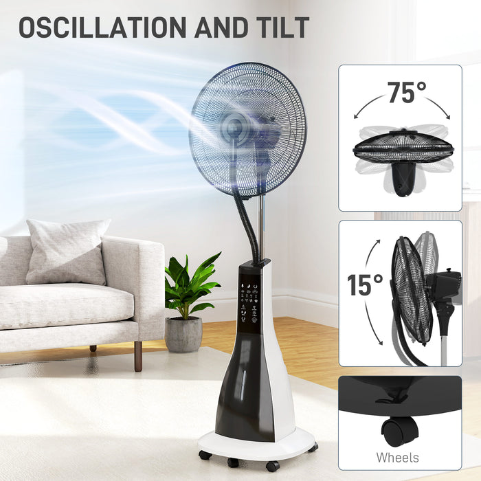 HOMCOM Pedestal Fan with Water Mist Spray, Spray Misting Fan with 75° Oscillation, Tilt Head, 3 Speeds, 3 Modes, 3 Mist, 3L Water Tank, Wheels, for Home, 125 cm