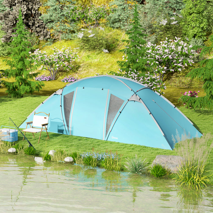 Outsunny 4-6 Man Family Camping Tent w/ 2 Bedrooms and a Living Room, Waterproof Tunnel Tent w/ Sewn In Groundsheet, Doors, Windows, Carry Bag, Blue