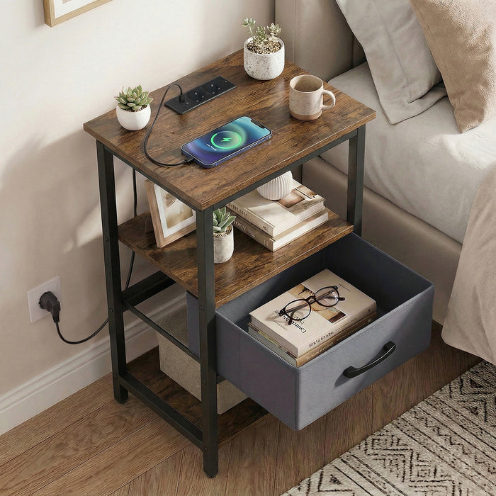 Nightstand Bedside Table with Charging Station and Drawer-