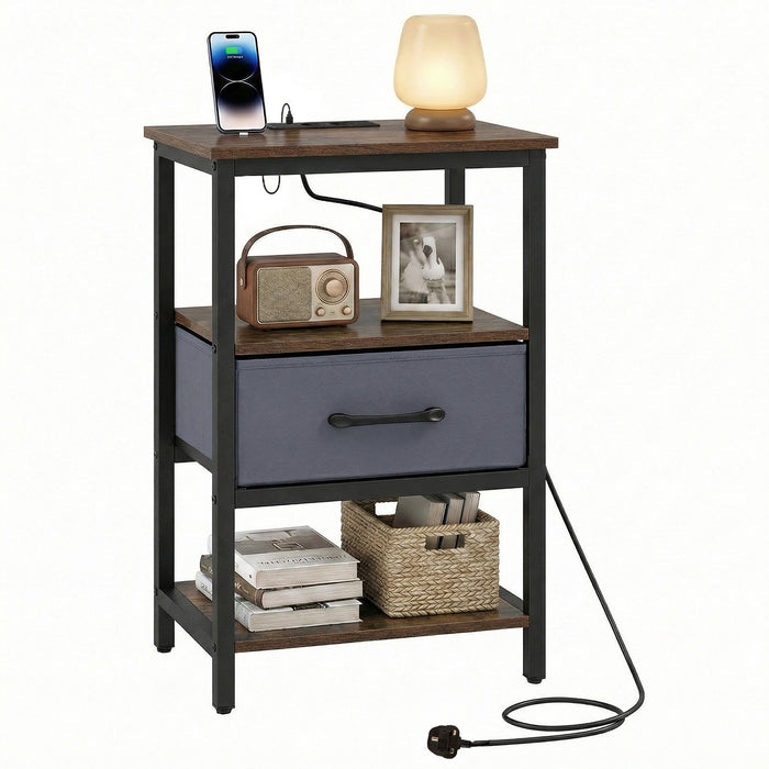 Nightstand Bedside Table with Charging Station and Drawer-