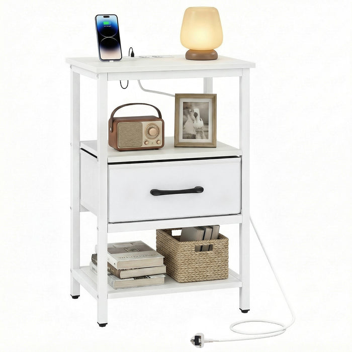 Nightstand Bedside Table with Charging Station and Drawer-