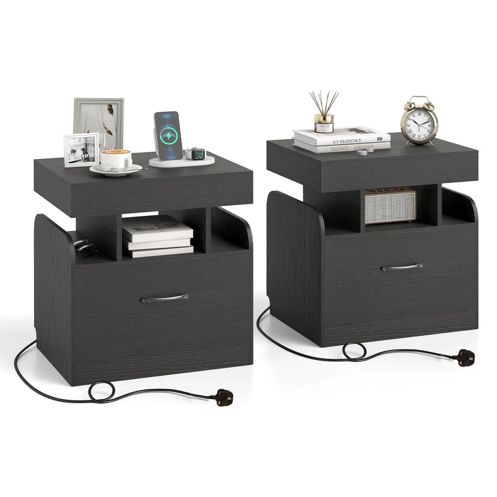 Nightstand with Charging Station Set of 2 with Drawer and Sliding Top Storage-