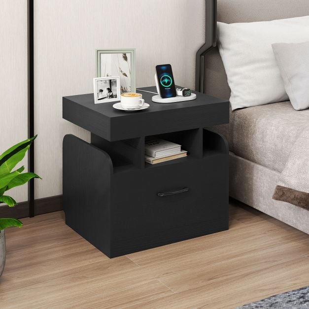 Nightstand with Charging Station Set of 2 with Drawer and Sliding Top Storage-