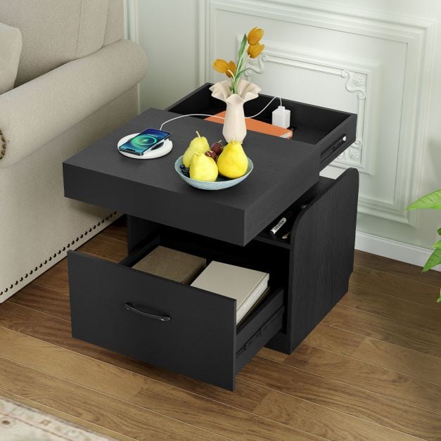 Nightstand with Charging Station Set of 2 with Drawer and Sliding Top Storage-