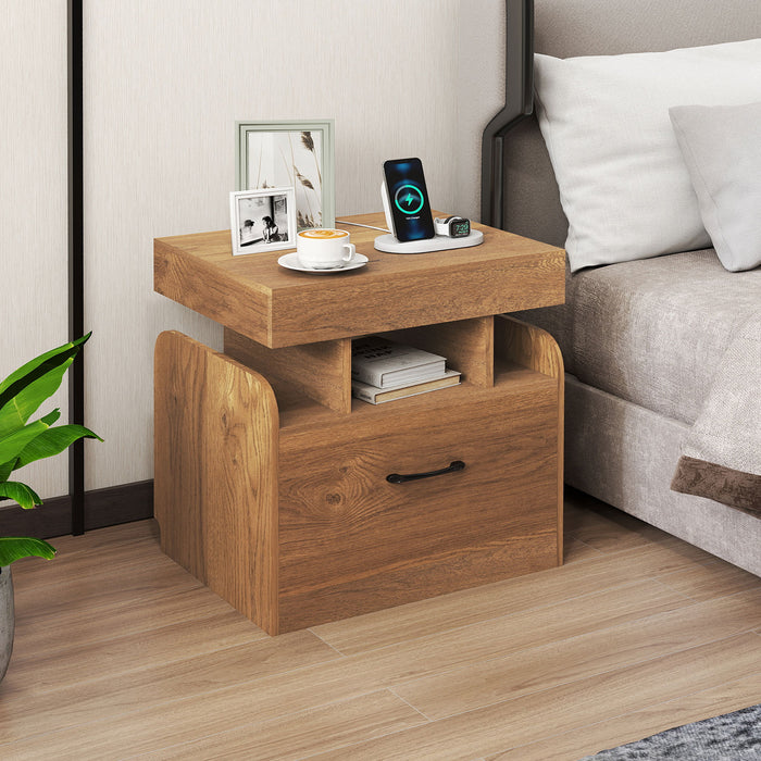 Nightstand with Charging Station Set of 2 with Drawer and Sliding Top Storage-