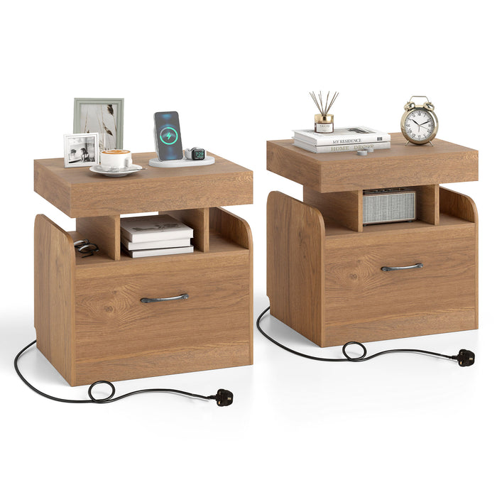 Nightstand with Charging Station Set of 2 with Drawer and Sliding Top Storage-
