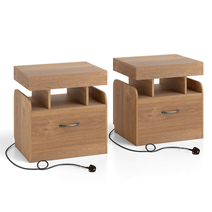Nightstand with Charging Station Set of 2 with Drawer and Sliding Top Storage-