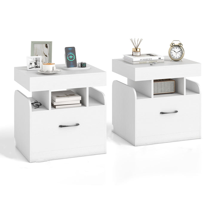 Nightstand with Charging Station Set of 2 with Drawer and Sliding Top Storage-