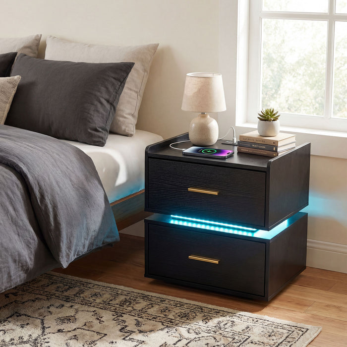 Nightstand with Charging Station and 2 Storage Drawers-