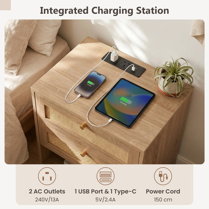Nightstand with Charging Station and Open Storage for Bedroom Set of 2-