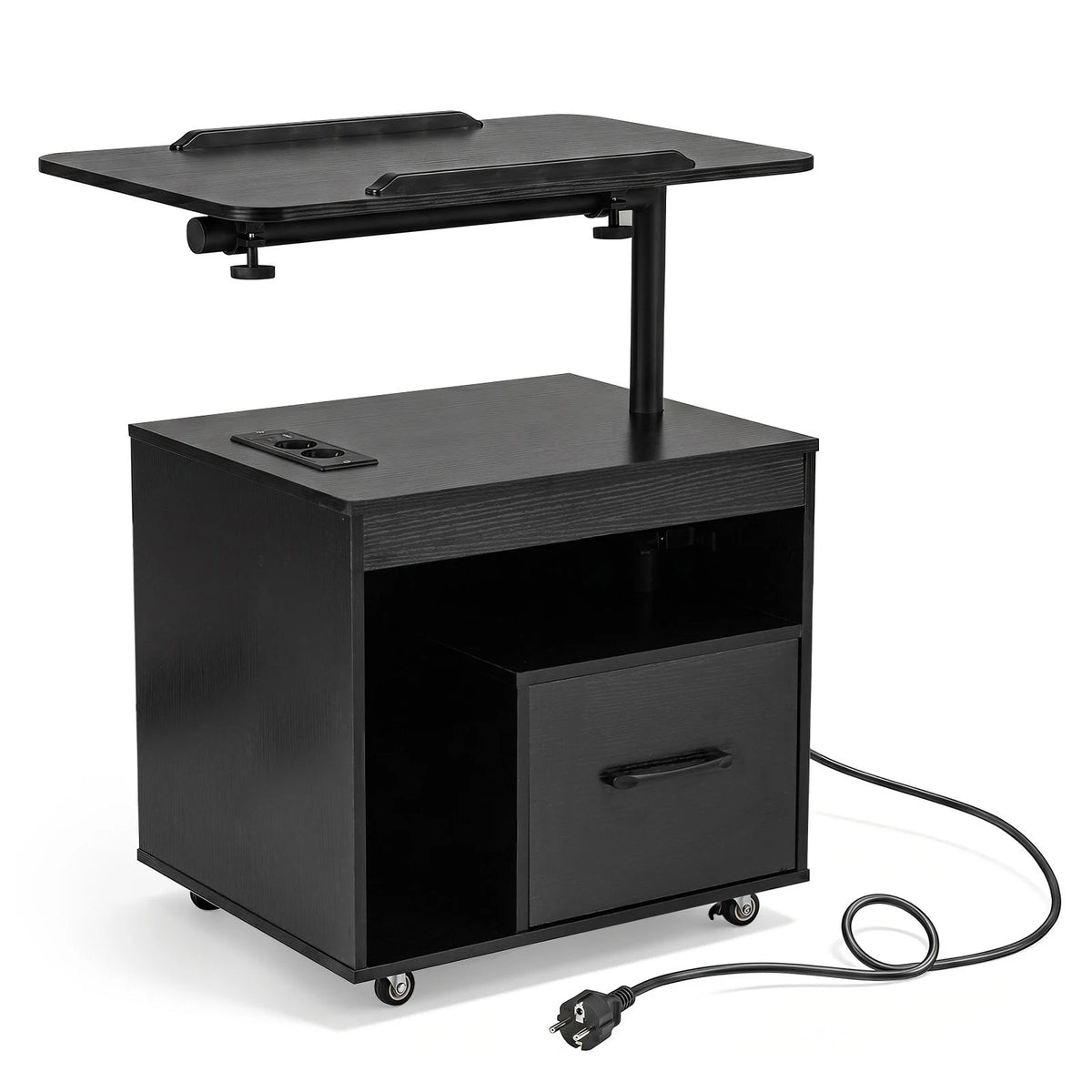 Nightstand with Charging Station and Rotatable Tabletop on Wheels for Bedroom-