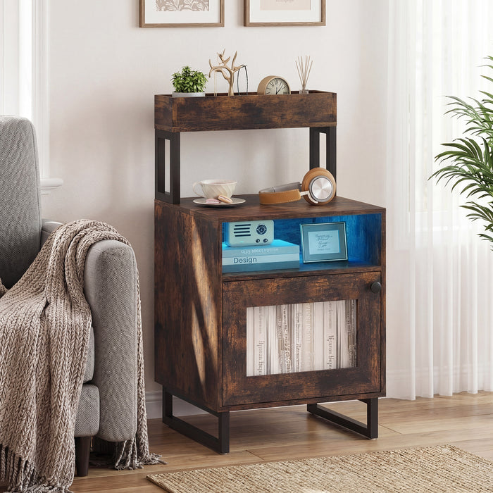 Nightstand with LED Lights Modern End Table with Top Tray-White