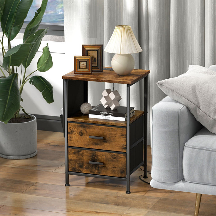 Nightstand with Charging Station with 2 Drawers and 6 Side Pockets-