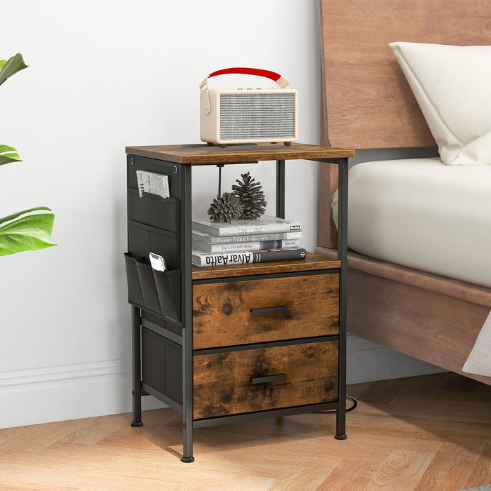 Nightstand with Charging Station with 2 Drawers and 6 Side Pockets-