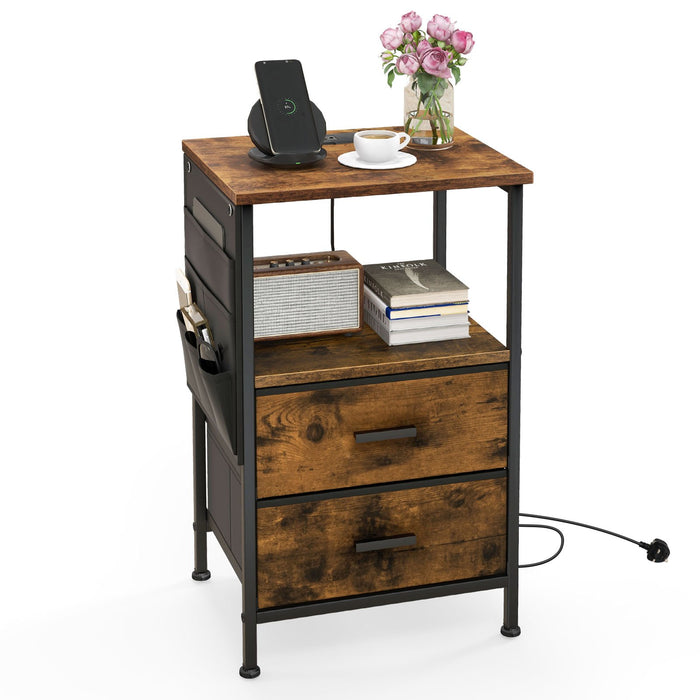 Nightstand with Charging Station with 2 Drawers and 6 Side Pockets-