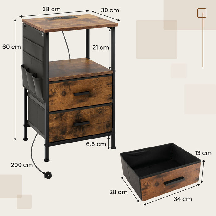 Nightstand with Charging Station with 2 Drawers and 6 Side Pockets-