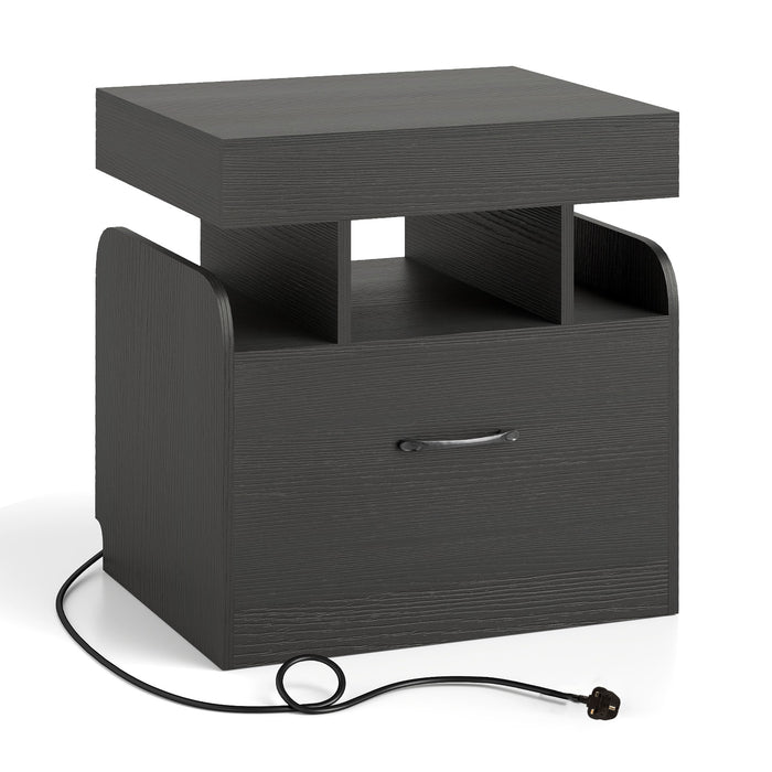 Nightstand with Charging Station with Drawer and Sliding Top Storage-