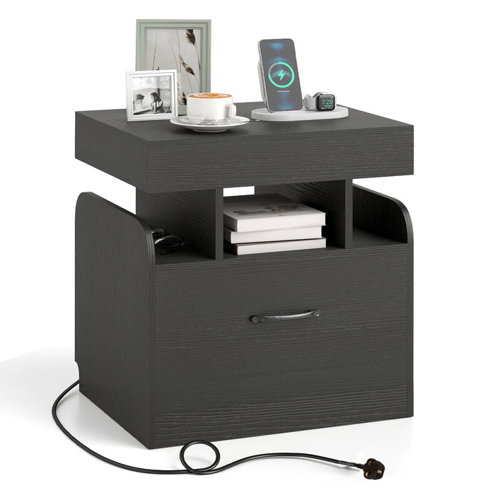 Nightstand with Charging Station with Drawer and Sliding Top Storage-