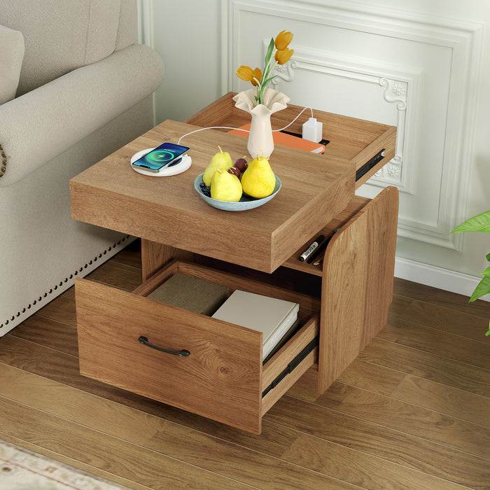 Nightstand with Charging Station with Drawer and Sliding Top Storage-