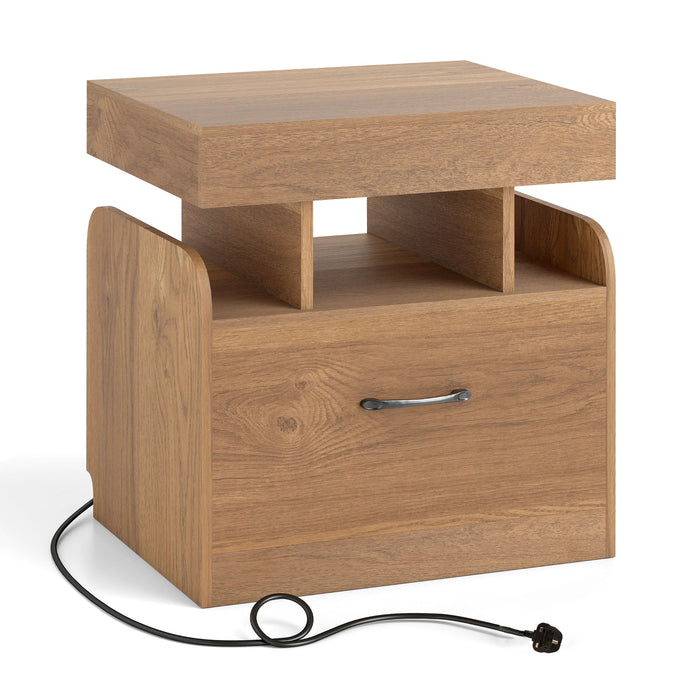 Nightstand with Charging Station with Drawer and Sliding Top Storage-