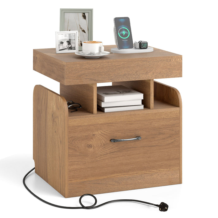 Nightstand with Charging Station with Drawer and Sliding Top Storage-