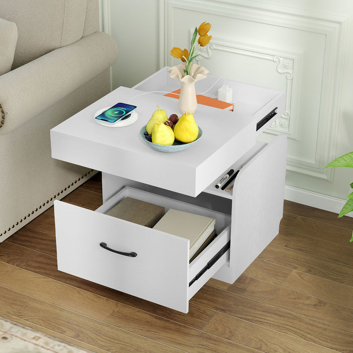Nightstand with Charging Station with Drawer and Sliding Top Storage-
