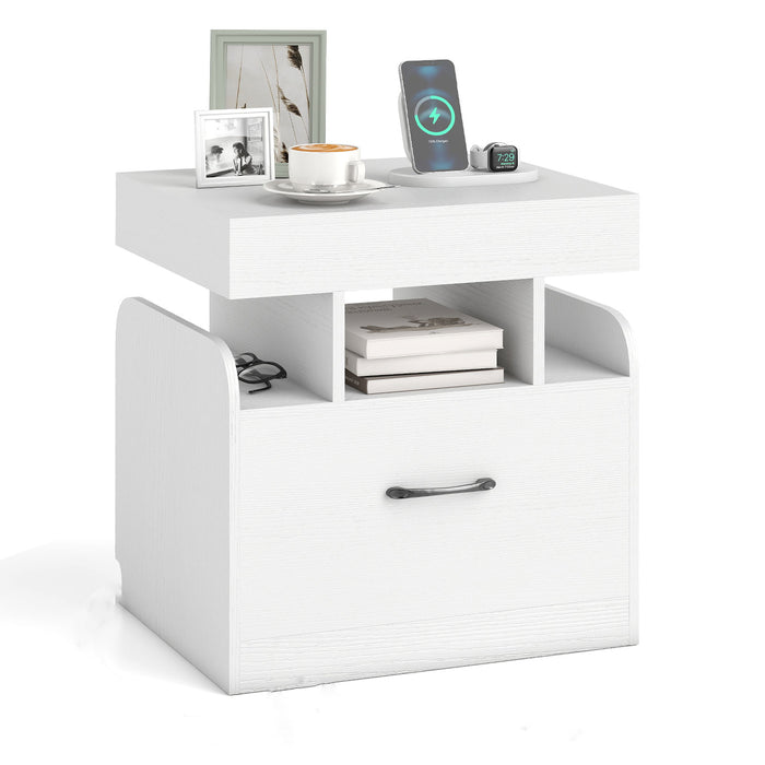 Nightstand with Charging Station with Drawer and Sliding Top Storage-
