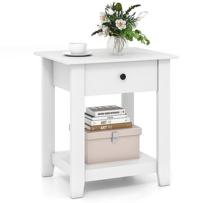 Nightstand with Drawer 3-Tier Modern Bedside Table with Open Shelf-White