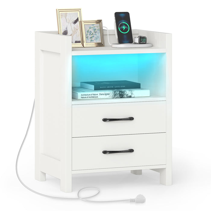 Nightstand with LED Lights and Power Outlets for Living Room-Rustic Brown