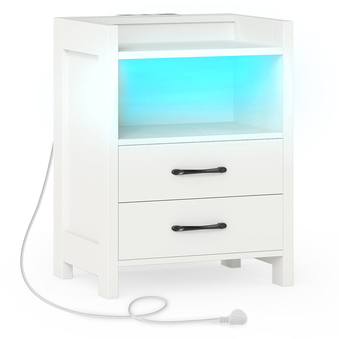 Nightstand with LED Lights and Power Outlets for Living Room-Rustic Brown