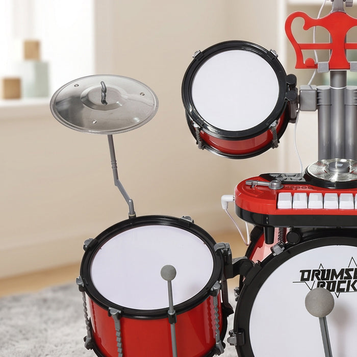 HOMCOM Kids Drum Set for Beginners, Drum Kit with Toy Microphone, Cymbal, Pedal & Drumsticks, Educational Musical Toy, Red
