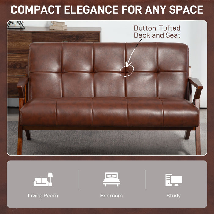 HOMCOM Compact 2 Seater Sofa, Vintage Tufted Loveseat Sofa with Solid Wood Legs, PU Leather Small Couch Settee for Living Room, Bedroom, Home Office, 133 x 81 x 785 cm, Brown