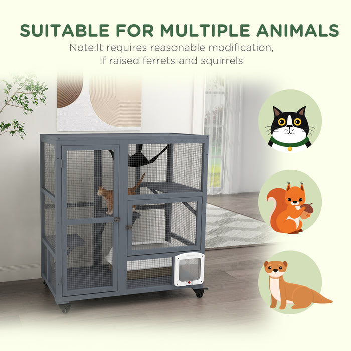PawHut Cat Cage House, Catio Cat Outdoor Enclosure on Wheels, Weather-Resistant Wooden Kitty Cage with Platforms, Hammock, 100L x 60W x 110Hcm - Light Grey | Aosom UK