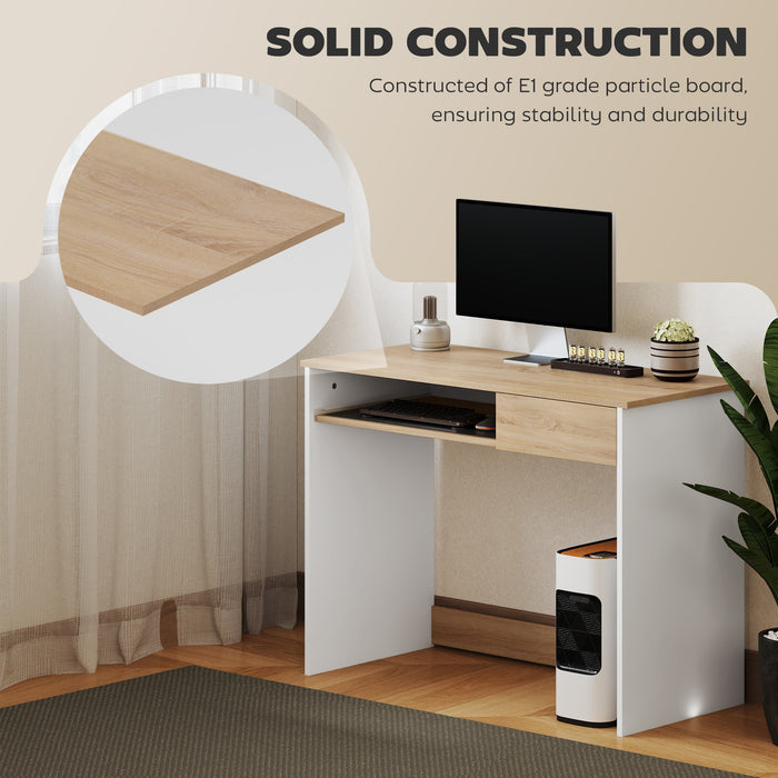 HOMCOM Compact Computer Desk with Keyboard Tray, Home Office Desk with Drawer for Bedroom Study, Oak