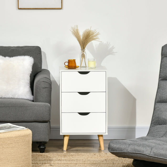 HOMCOM Set of 2 Bedside Tables, Modern Nightstand Side End Table with 3 Storage Drawers and Solid Pine Wood Legs for Bedroom Living Room Entryway, White