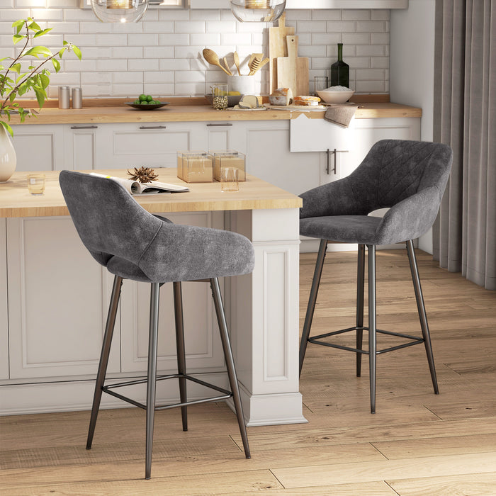 Velvet Grey Bar Stools, Set of 2 - Luxurious Soft Touch Counter Seating - Ideal for Home Bar or Kitchen Island Comfort