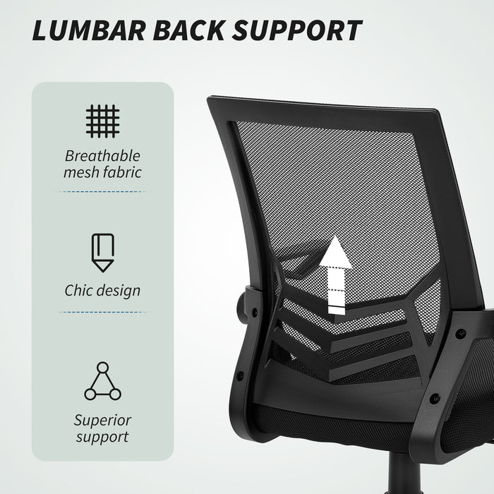 Vinsetto Mesh Office Chair, Computer Desk Chair with Flip-up Armrests, Lumbar Back Support and Swivel Wheels, Black