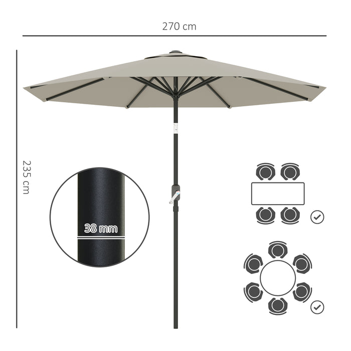 Outsunny 2.7M Garden Parasol Umbrella with Tilt and Crank, Outdoor Sun Parasol Sunshade Shelter with Aluminium Frame, Light Grey
