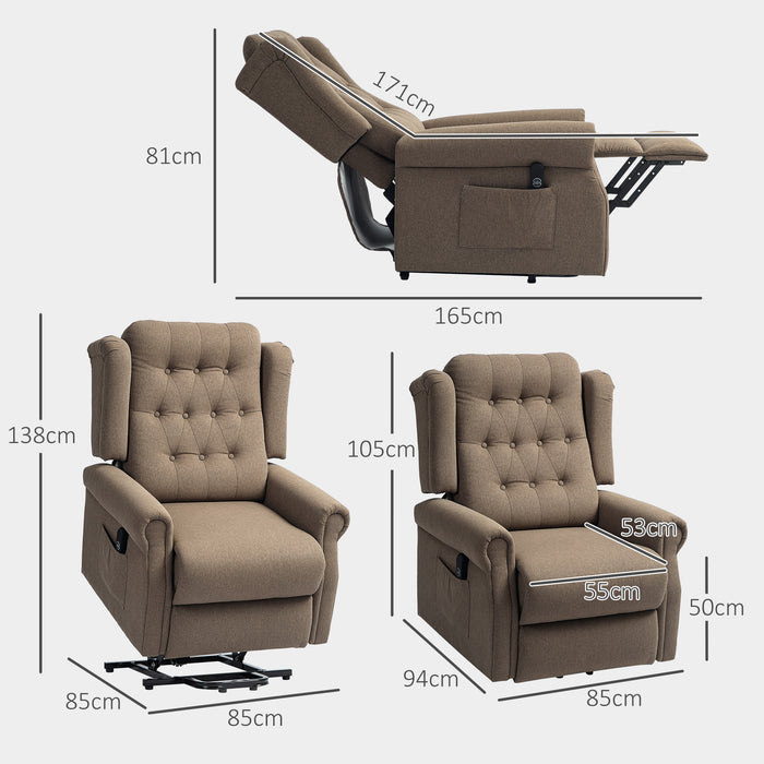 HOMCOM Power Lift Recliner Chair, Wingback Button Tufted Electric Lift Chair for Elderly, Fabric Riser and Reclining Armchair with Remote Control, Side Pockets, for Living Room, Dark Brown