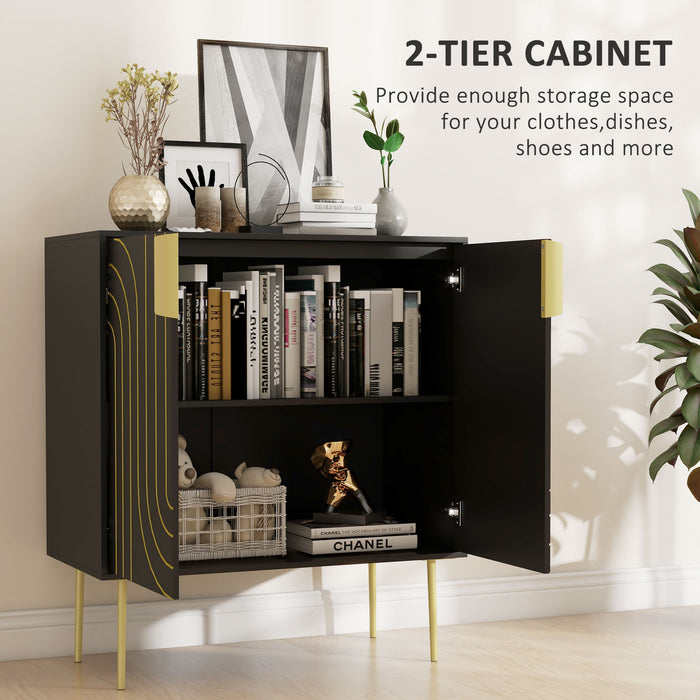 Art Deco-Inspired Sideboard with Adjustable Shelving - Sleek Black Finish with Gold Tone Accents - Elegant Storage Solution for Contemporary Homes