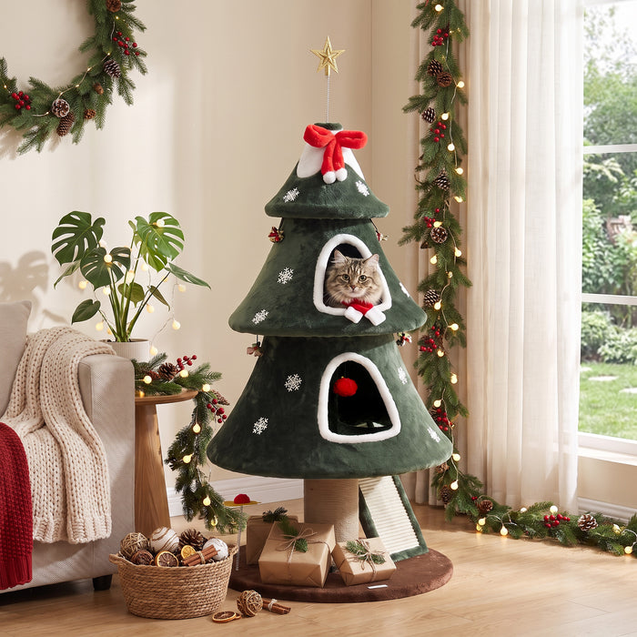 PawHut Cat Tree, Christmas Cat Tower with Dual Condos, Sisal Ladder, Jute Posts, Anti-Tip Rope, Hanging Balls, 60 x 60 x 132 cm