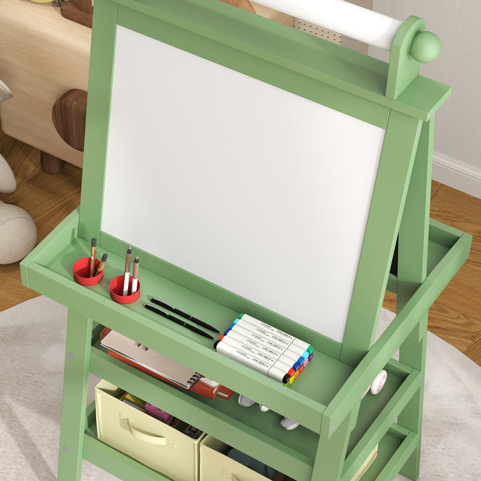 AIYAPLAY 3 in 1 Kids Easel Double-Sided Magnetic Whiteboard and Chalkboard with Paper Roll, Storage Baskets - Green | Aosom UK