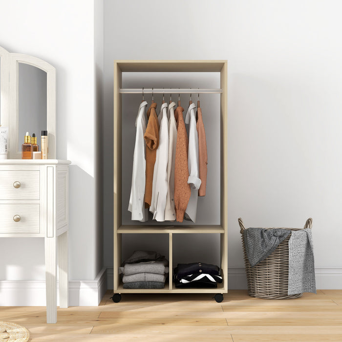 HOMCOM Open Wardrobe on Wheels, Bedroom Wardrobe with Clothes Hanging Rail, 2 Storage Shelves, Mobile Garment Rack for Cloakroom, Hallway, Natural