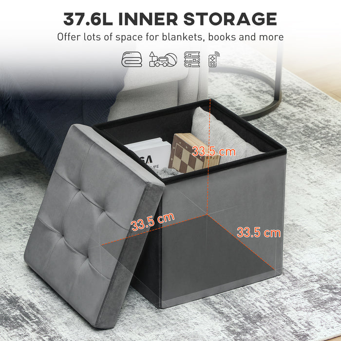 HOMCOM Foldable Velvet-Feel Storage Ottoman - Grey