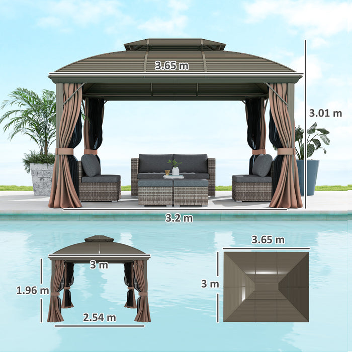 Outsunny 3.65 x 3(m) Hardtop Steel Gazebo Canopy with Aluminium Frame, Double Roof, Net Sidewalls and Curtains, Coffee
