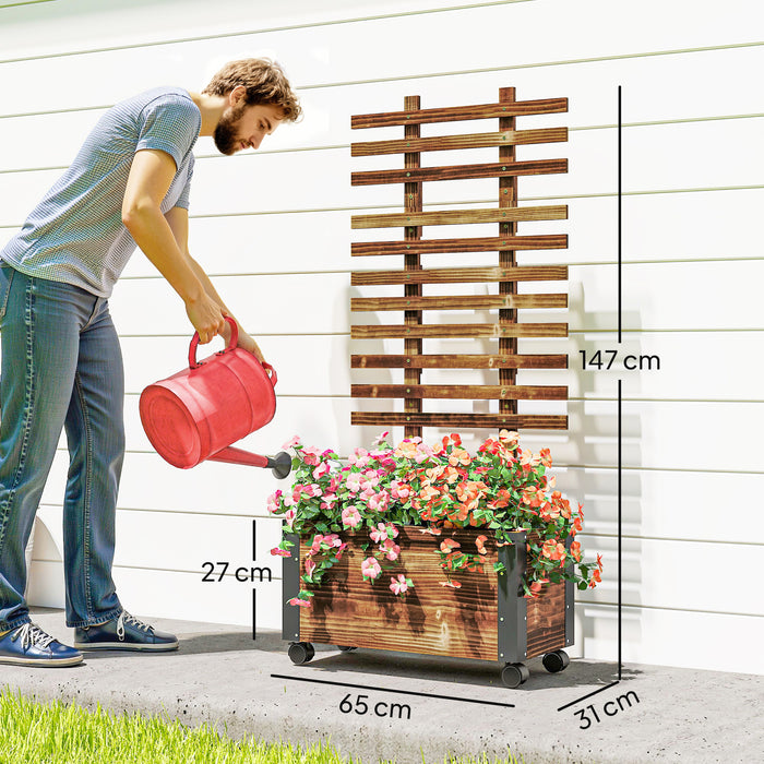 Outsunny Raised Garden Bed with Trellis, Outdoor Wooden Planter Box with Metal Corners and Wheels, Raised Bed for Garden