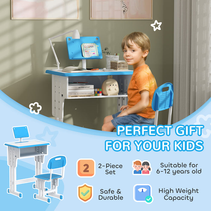 HOMCOM Kids Adjustable Desk and Chair Set, Book Stand, Pen Slot - Blue | Aosom UK