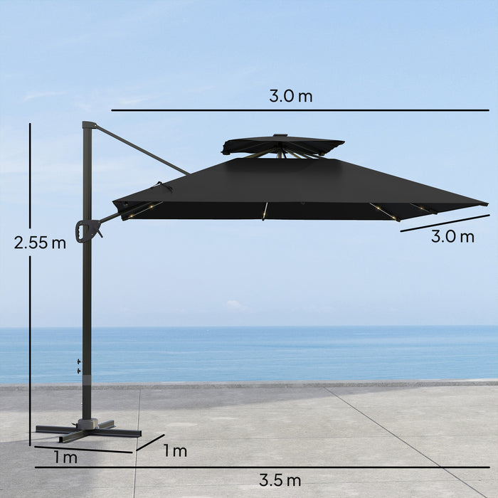 Outsunny 3.5x3 m Garden Cantilever Parasol with Solar LED Lights and Centre Light, Aluminium Large Square Patio Umbrella, UPF50+ Hanging Sun Shade with Cross Base, Crank Handle and Tilt, Black