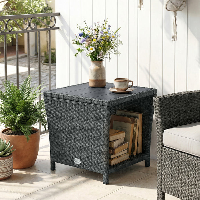 Outsunny Side Table 2-Tier Outdoor Coffee Table with Storage Shelf PS Wood Slat Top/Grey