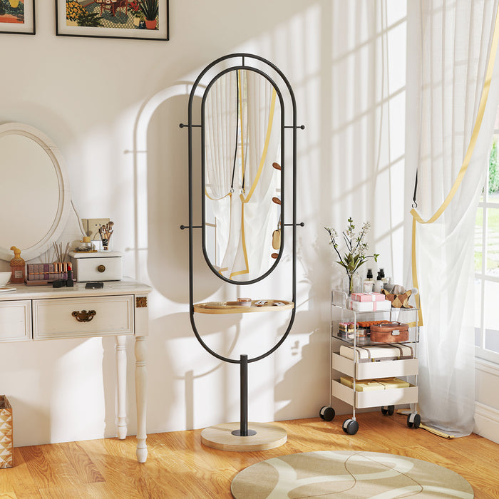 HOMCOM Oval Full Length Mirror with Wooden Tray and 4 Hooks - Black